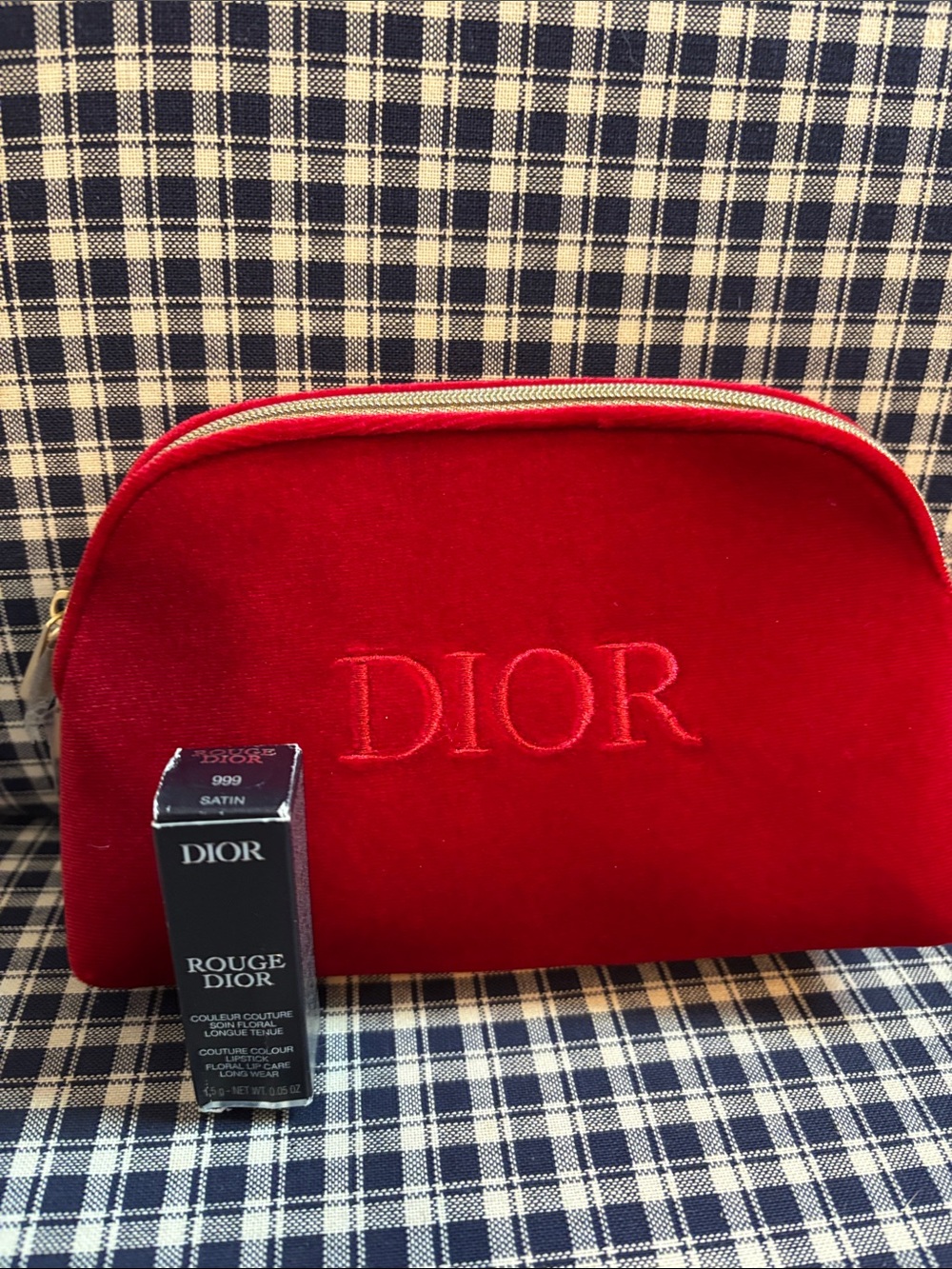 DIOR Red Velvet Cosmetic Pouch and Rouge Dior satin lipstick